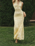 Pale Yellow Halter Lace Cutout Maxi Dress