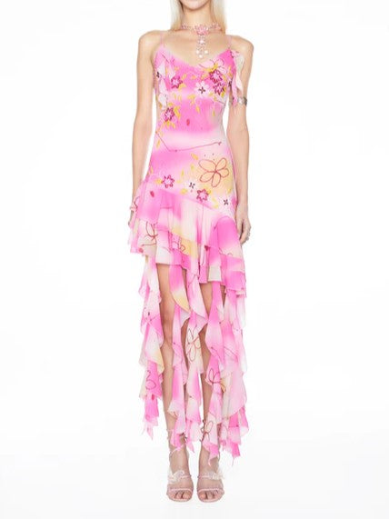 Sheer Floral Embellished Tiered Ruffle Slip Dress