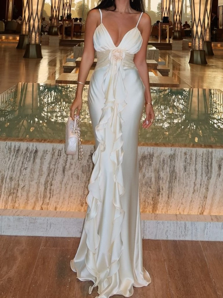 Spaghetti Strap Satin Gown With Rosette Detail