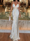 Spaghetti Strap Satin Gown With Rosette Detail