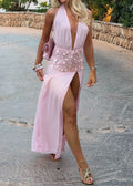 Halter Plunge Sequin Waist High Slit Maxi Dress