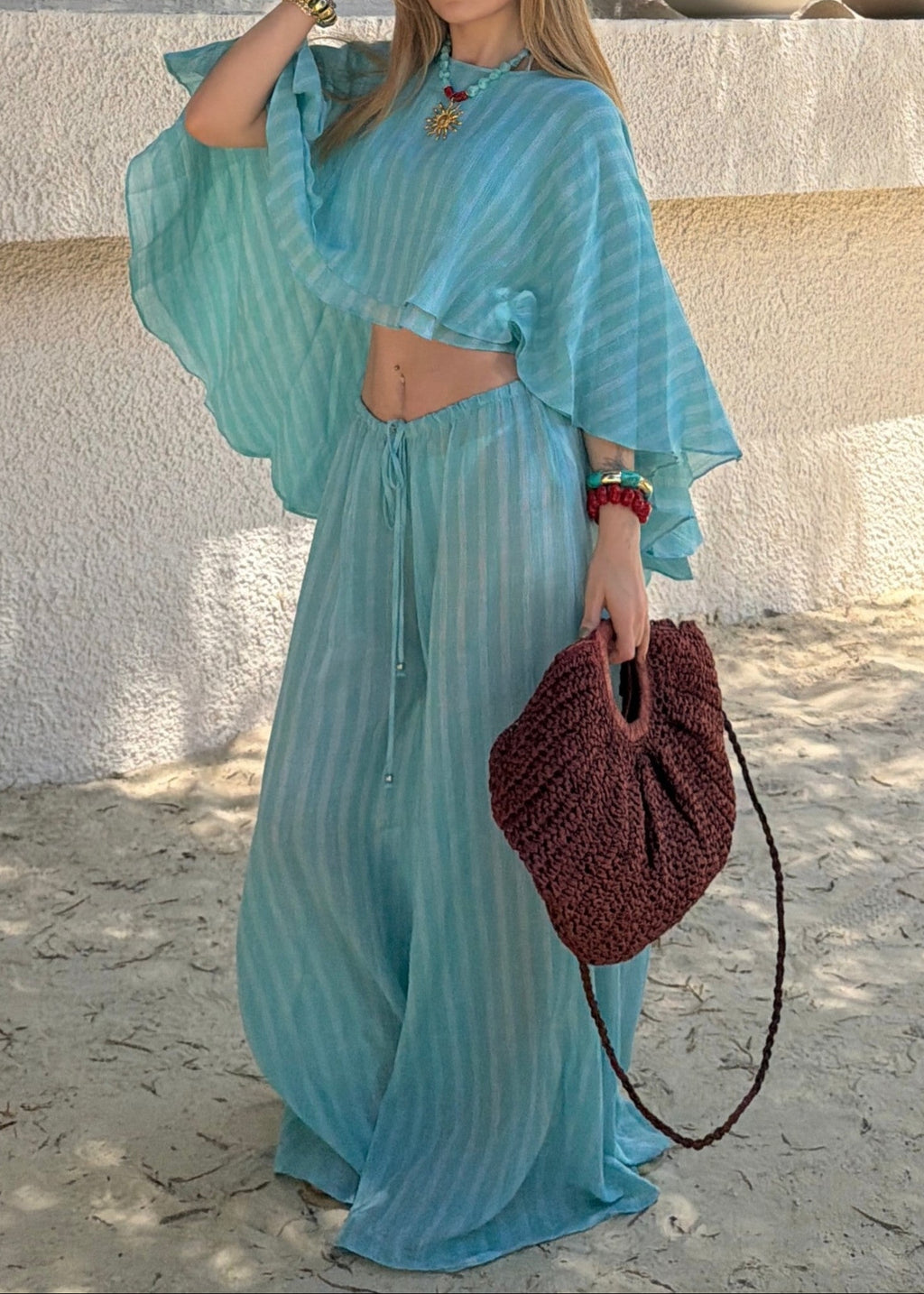 Flowy Batwing Top And Drawstring Wide-Leg Pants Set