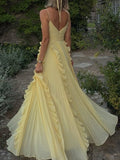 Pleated V-Back Ruffle Trim Maxi Dress