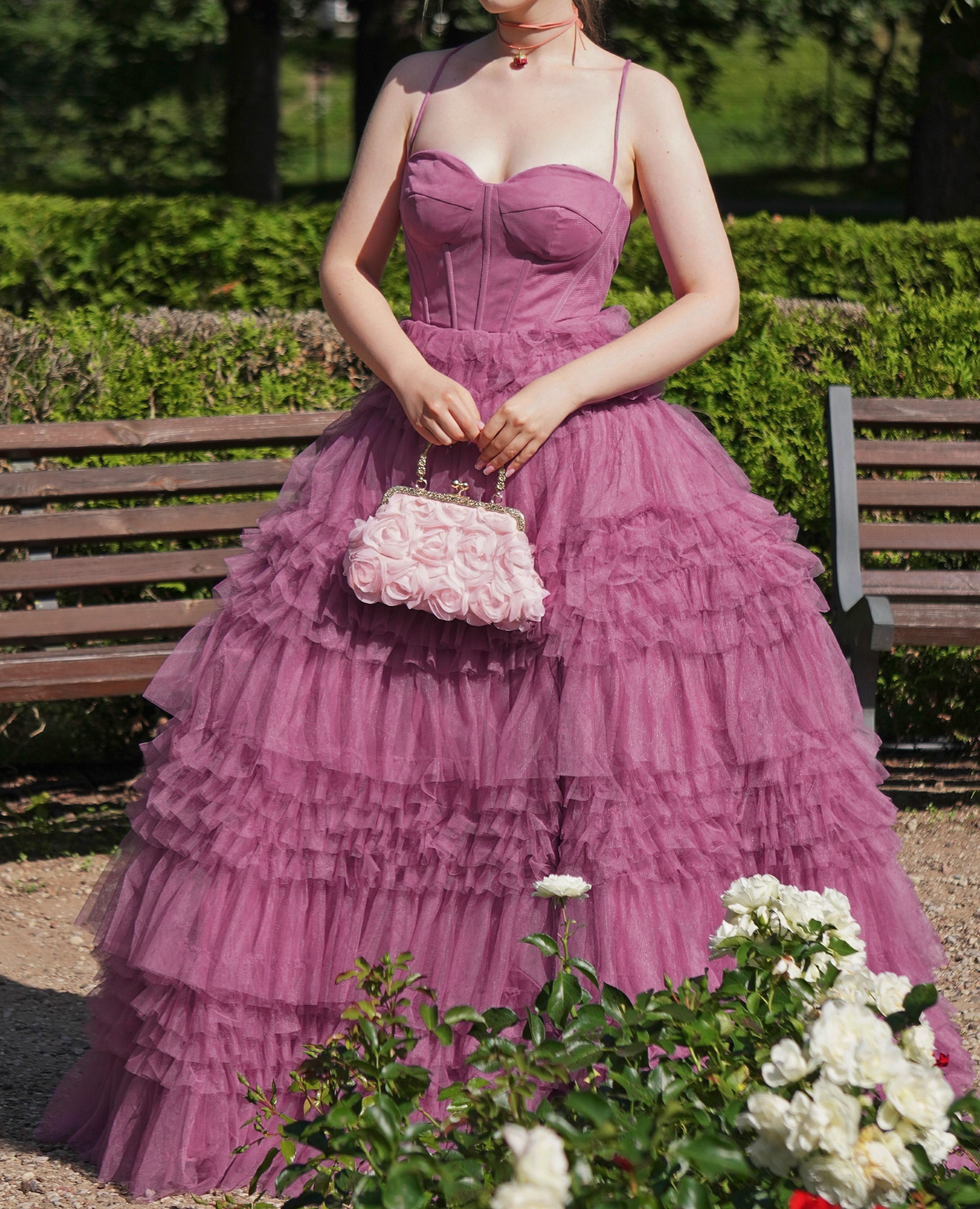 Plum Tulle Tiered Ruffle Corset Maxi Dress
