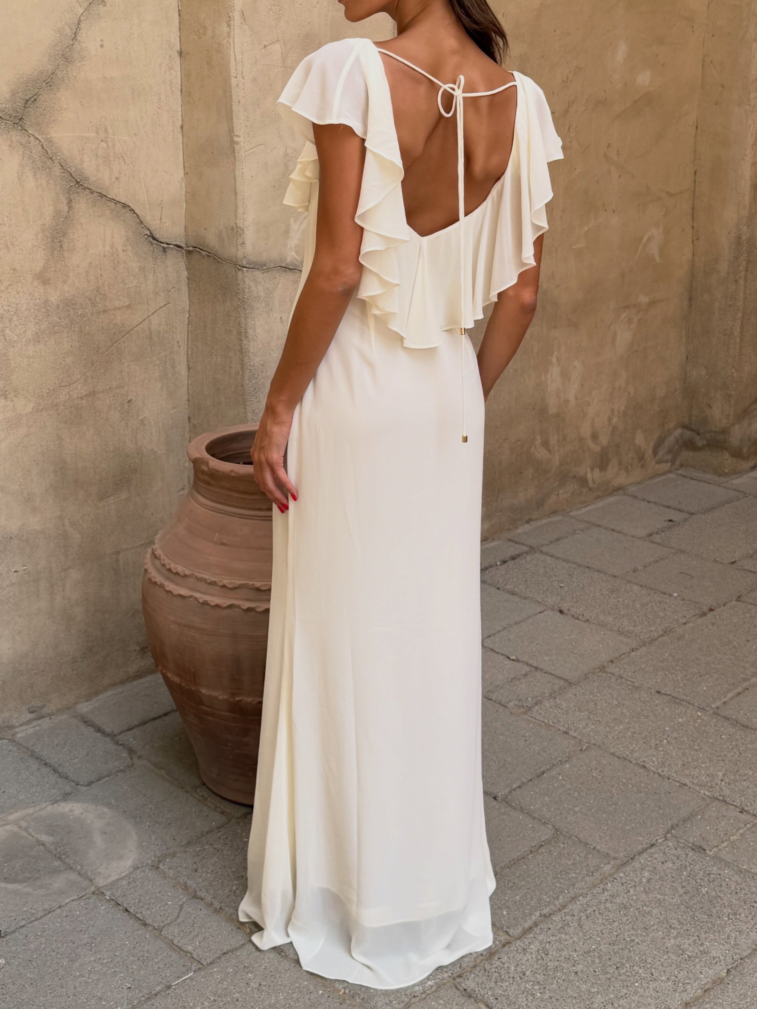 Ivory Ruffle Open-Back Chiffon Maxi Dress
