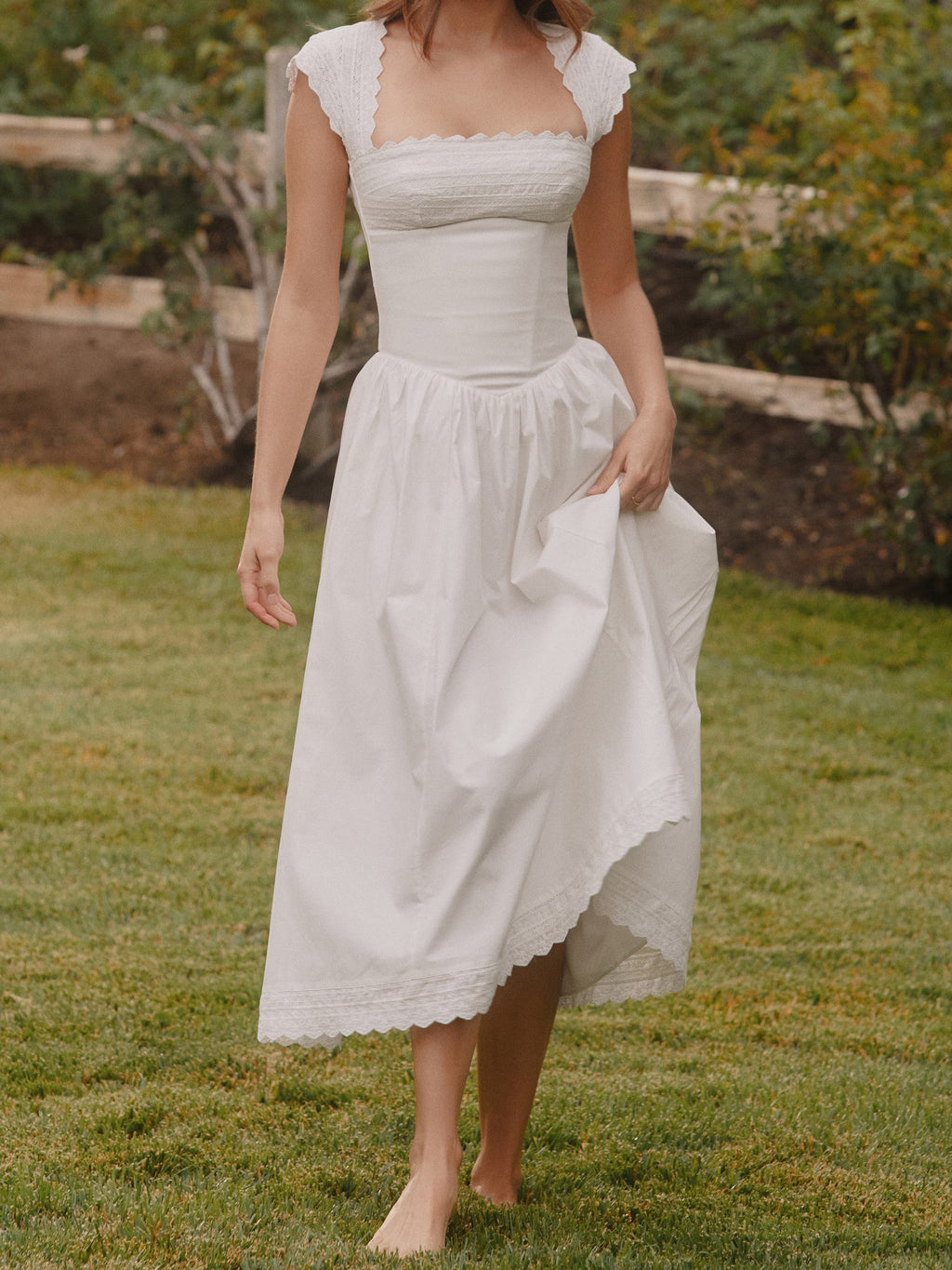 White Lace Trim Prairie Midi Dress