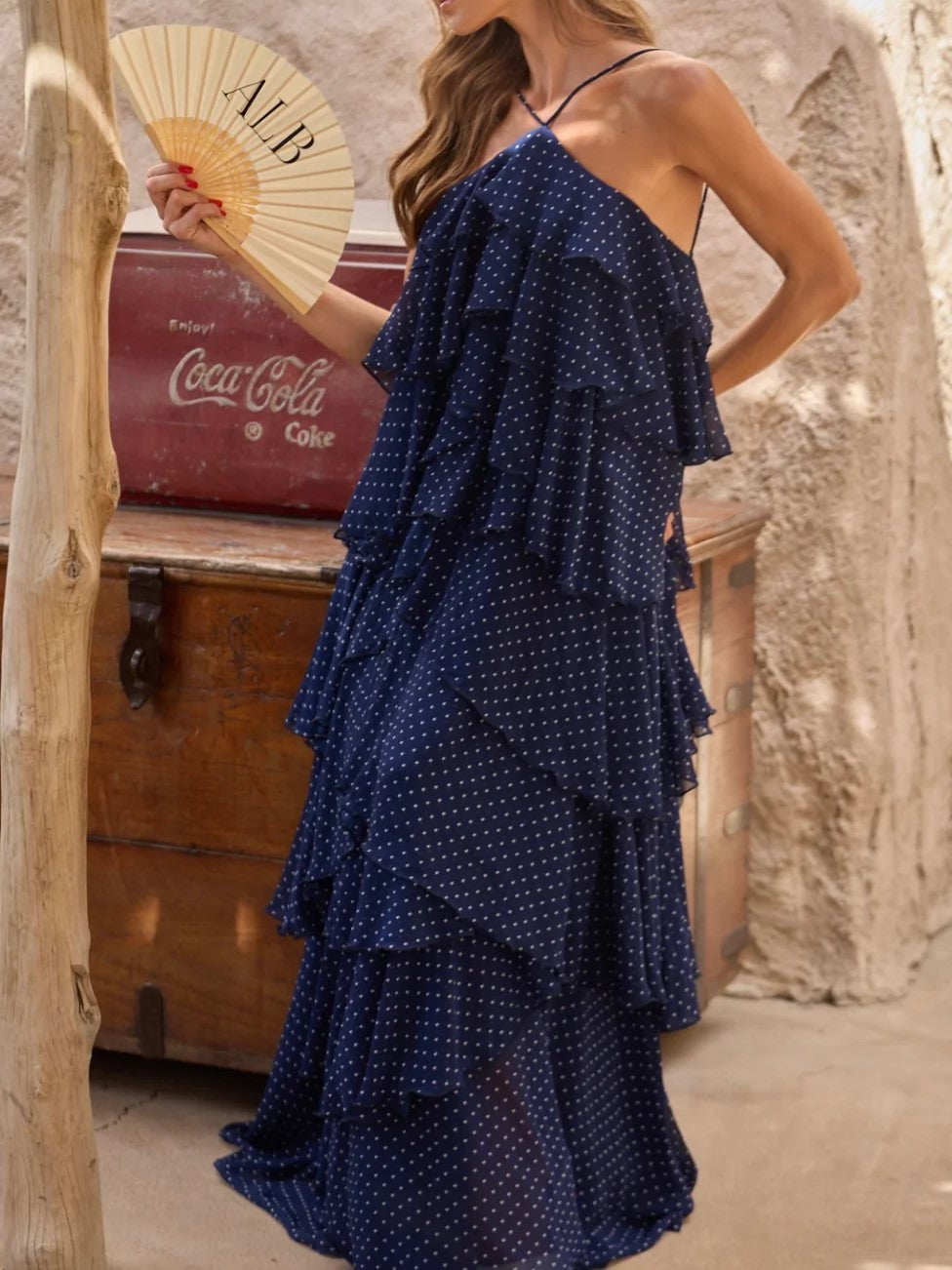 Navy Polka Dot Spaghetti Strap Tiered Chiffon Maxi Dress