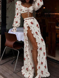 WhiteRedFloral Puff Sleeve Two Piece Maxi Skirt Set