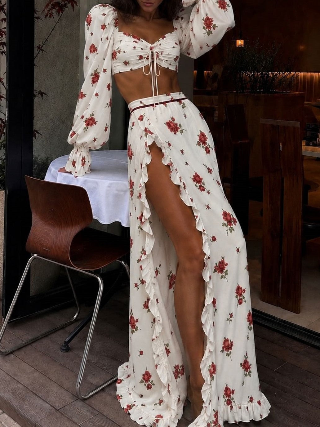 WhiteRedFloral Puff Sleeve Two Piece Maxi Skirt Set