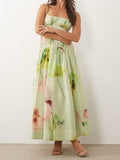 Mint Green Watercolor Floral Smocked Midi Dress