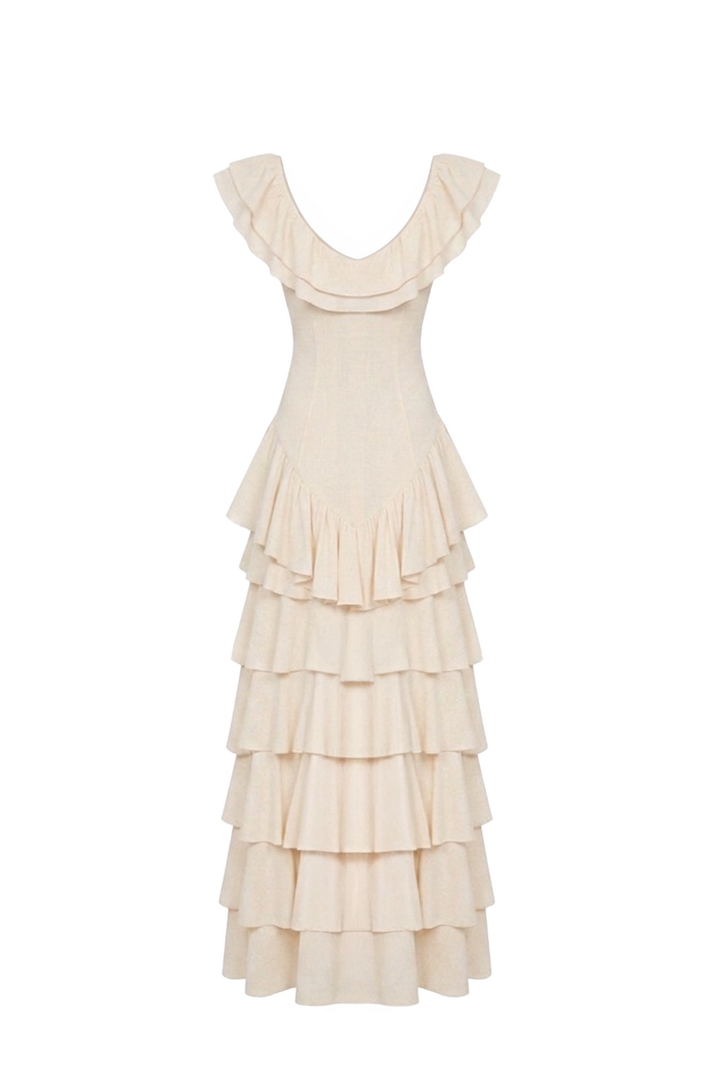 Cream Layered Ruffle A-Line Midi Dress