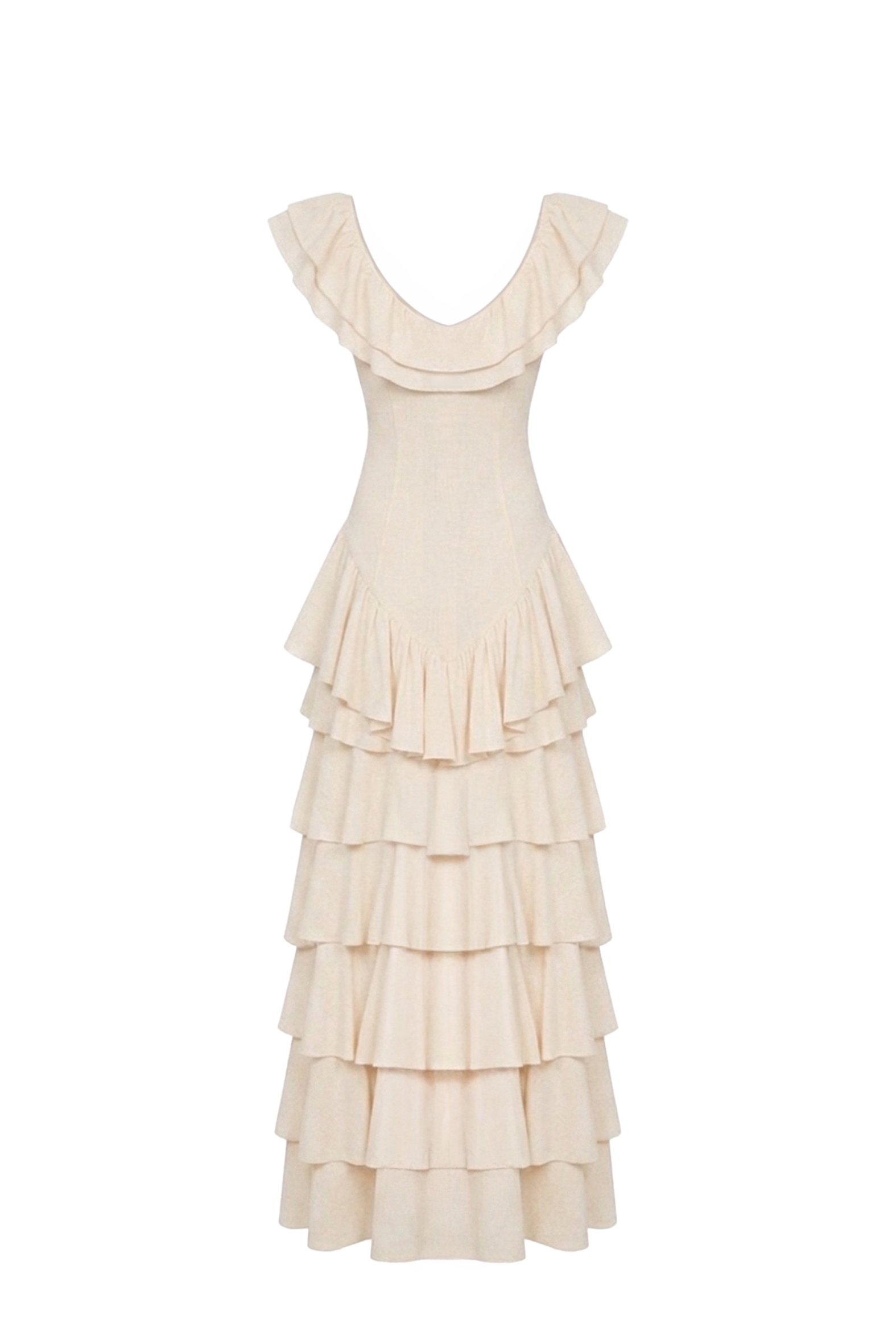 Cream Layered Ruffle A-Line Midi Dress