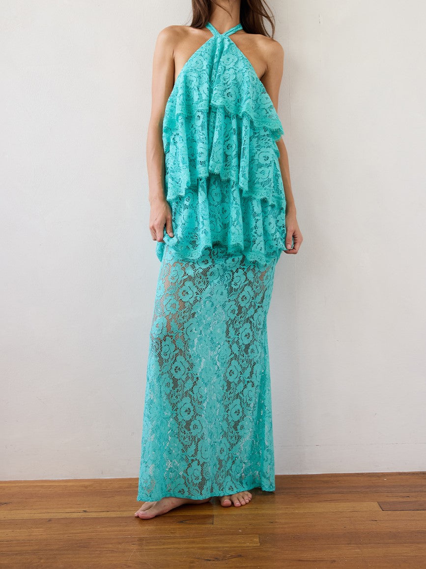 Turquoise Sheer Lace Halter Tiered Maxi Dress