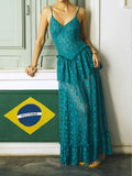 Teal Lace Spaghetti Strap Drop-Waist Maxi Dress