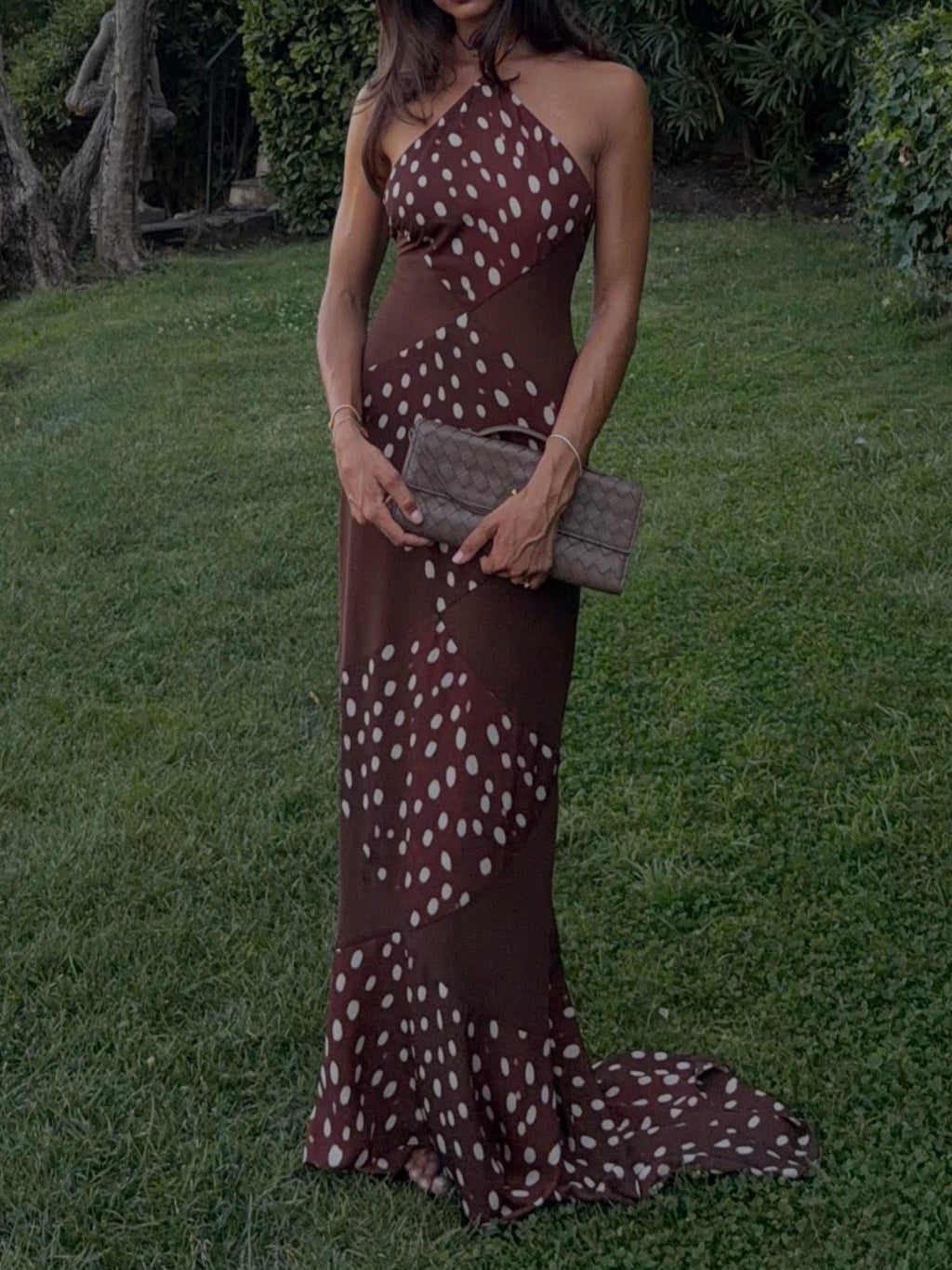 Brown Halter Neck Polka Dot Mermaid Maxi Dress