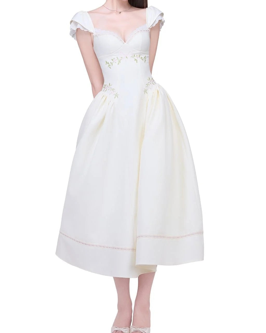 White Embroidered Cap Sleeve A-Line Dress