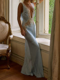 Light Blue Satin Lace Detail Slip Dress