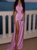 Pink Satin Cutout Lace Trim High-Slit Maxi Dress