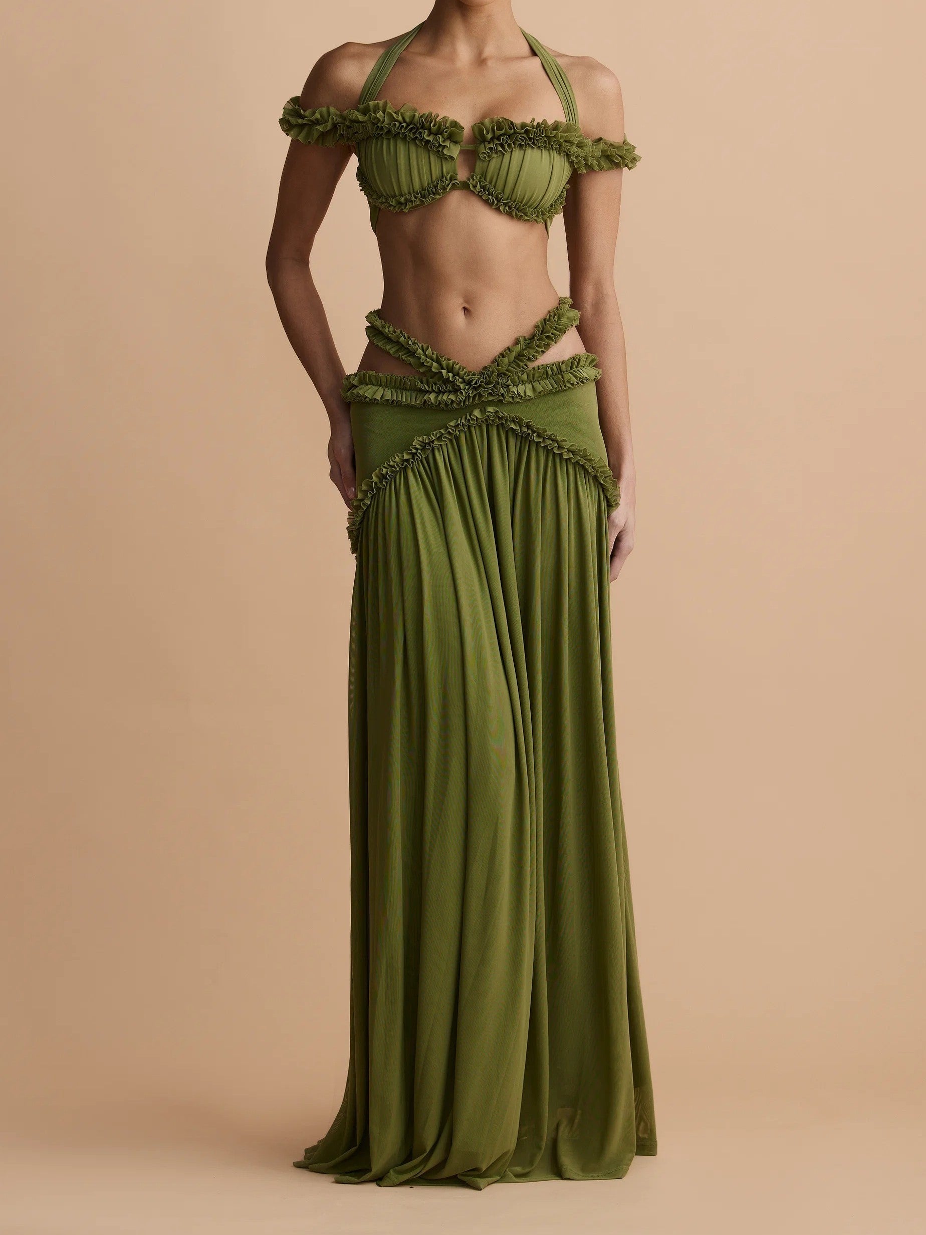 Olive Green Halter Ruffle Two-Piece Set