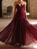 Burgundy Strapless Pleated Maxi Gown