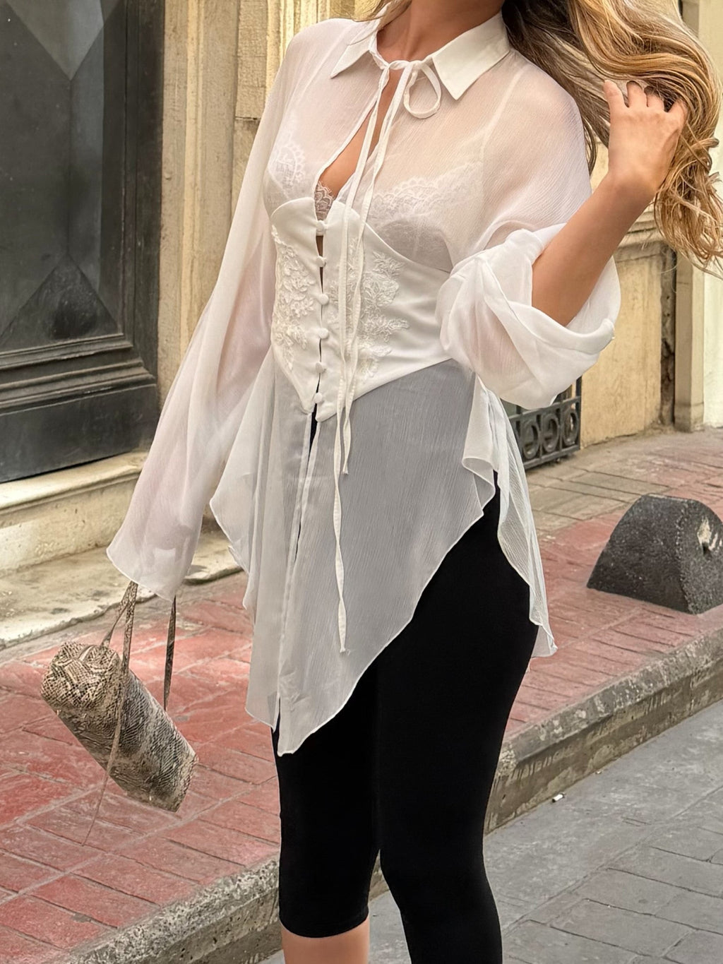 White Sheer Tie-Front Corset Blouse