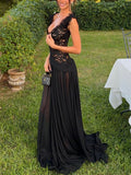 Black Lace Tulle Flowy Maxi Dress