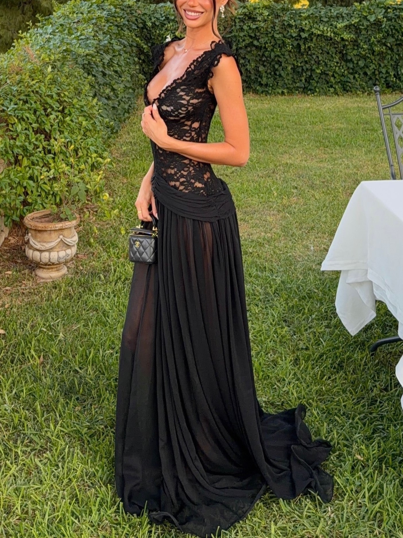 Black Lace Tulle Flowy Maxi Dress