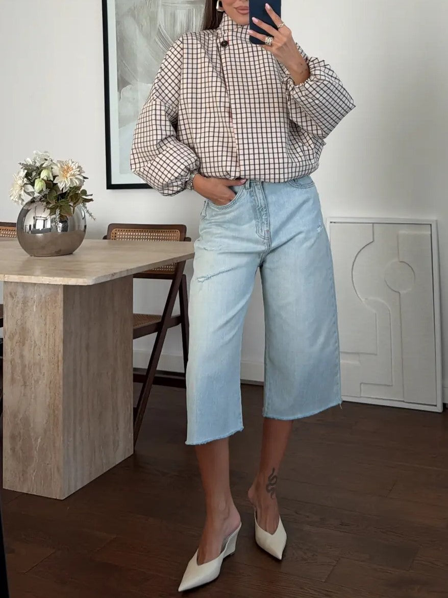 Beige Plaid High Neck Balloon Sleeve Jacket