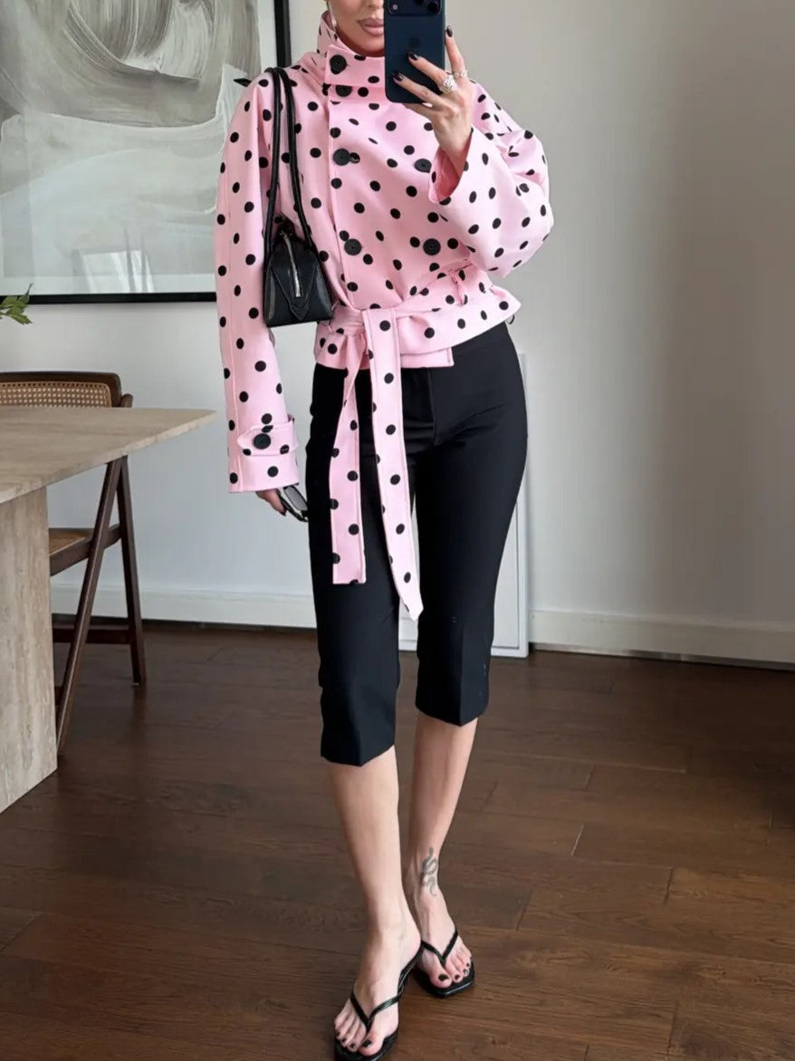Pink Polka Dot Tie-Waist Blouson Jacket