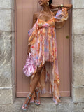 Orange Pink Tie Dye Ruffle Maxi Dress