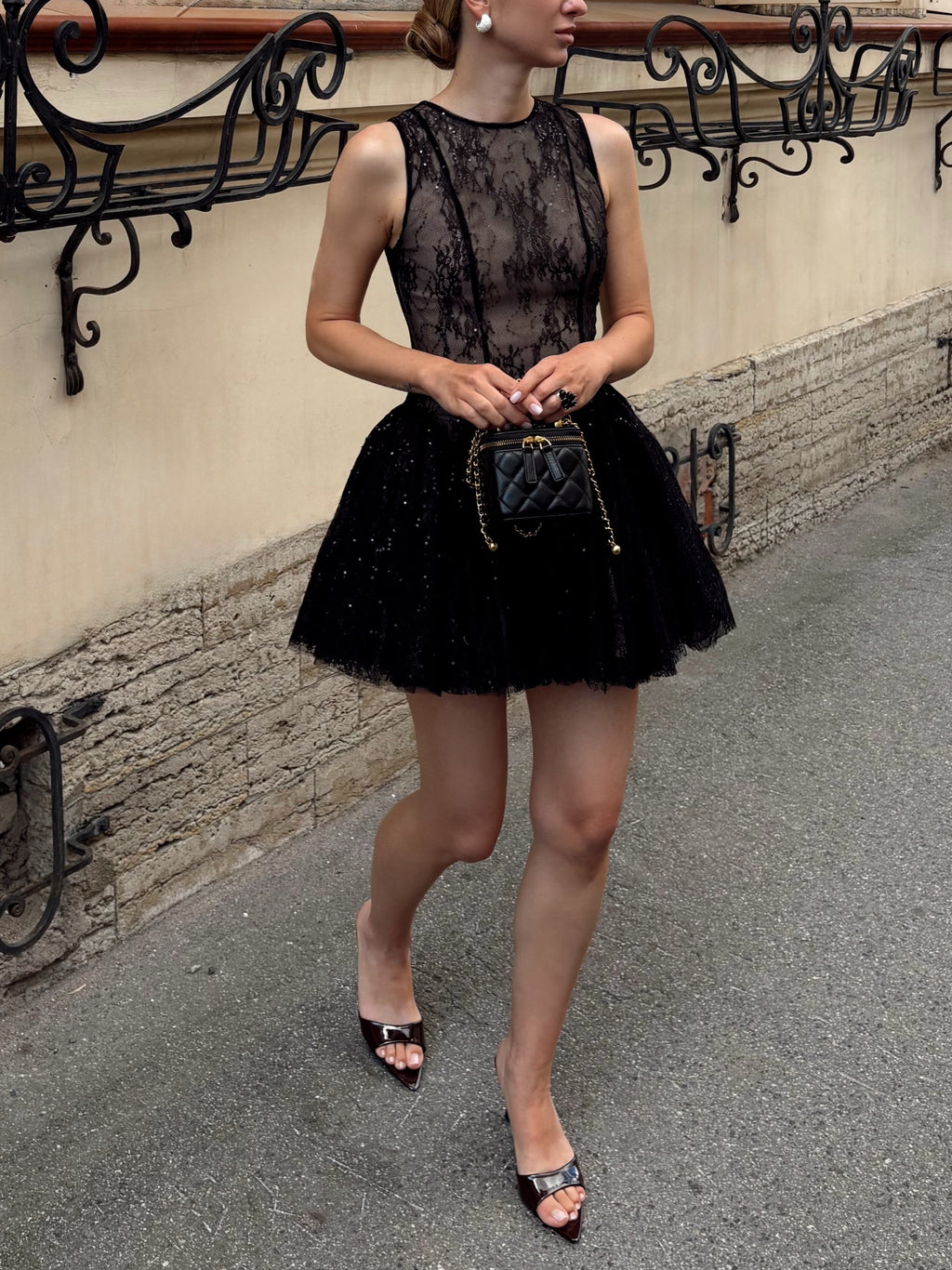 Black Lace Tulle Flared Mini Dress