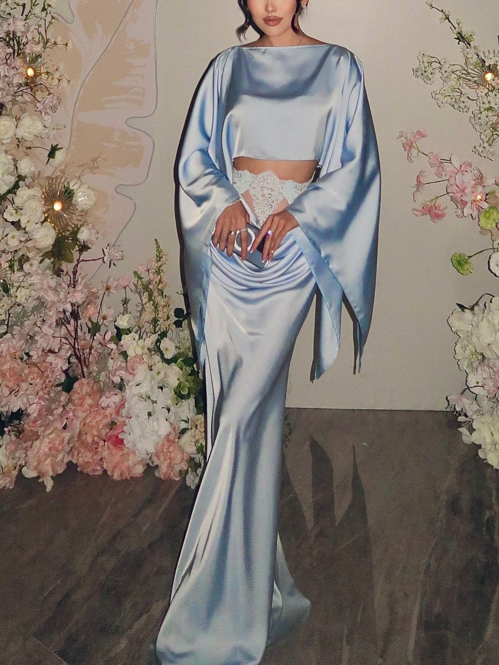Light Blue Satin Draped Two-Piece Mermaid Set