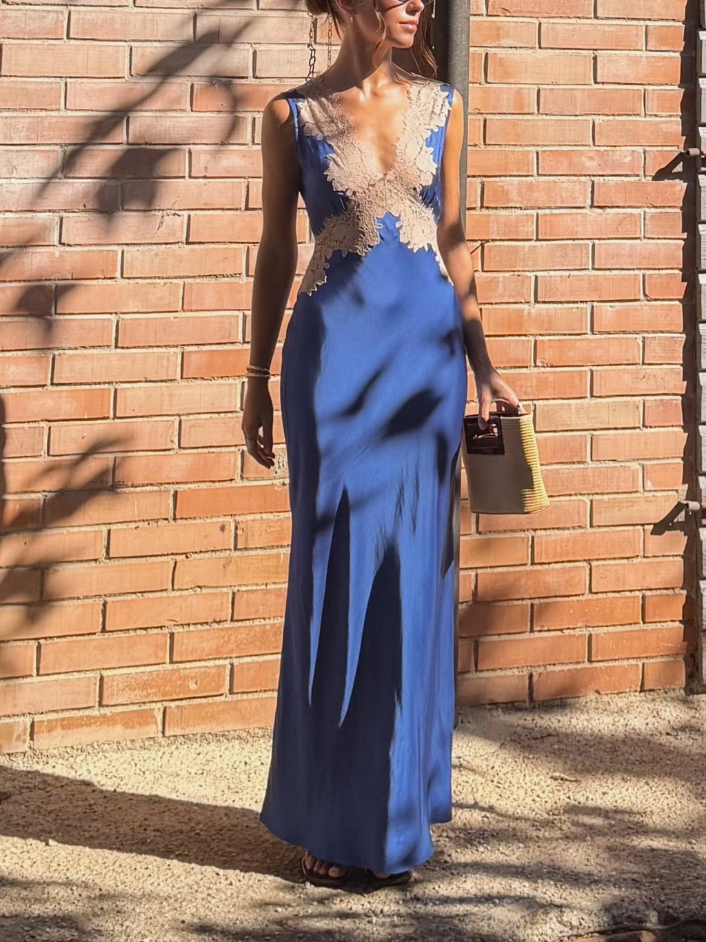 Blue Lace Trim Maxi Dress