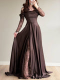 Brown Satin Lace Overlay Maxi Dress