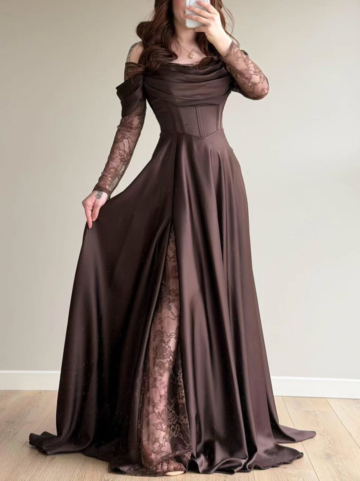 Brown Satin Lace Overlay Maxi Dress