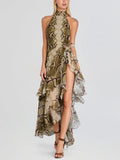 Green Snake Print High-Low Maxi Dress