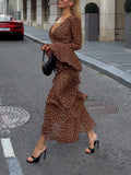 Brown Polka Dot Ruffle Midi Dress