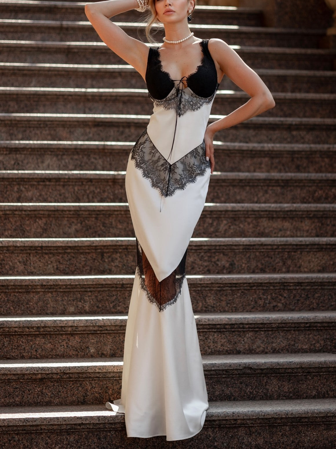 White Black Lace Mermaid Maxi Dress