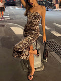 Brown Leopard Print Ruched Midi Dress