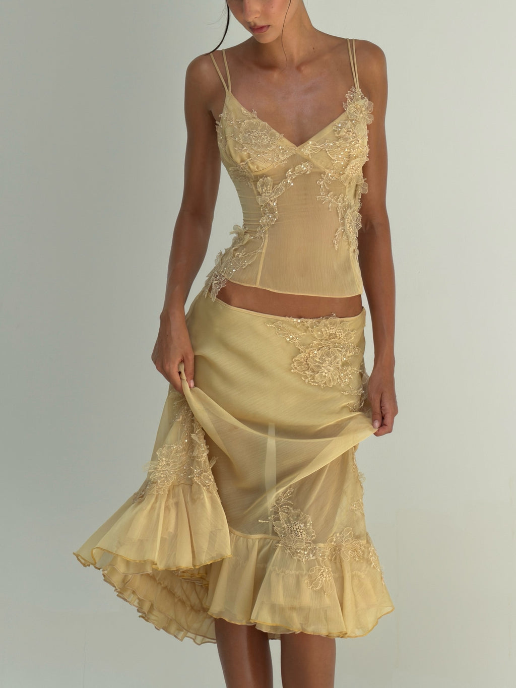 Yellow Lace Applique Midi Dress Set