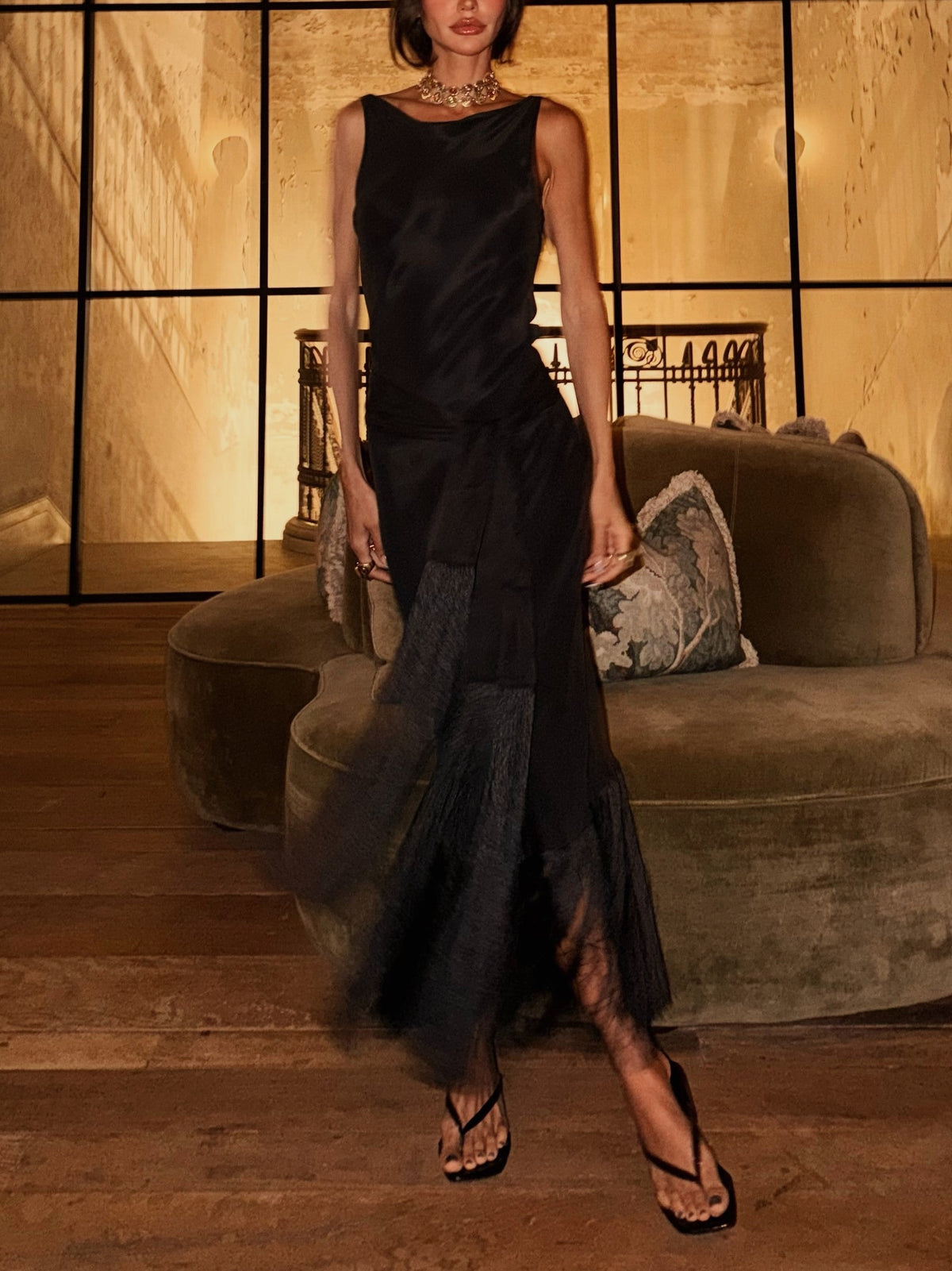 Black Tulle Ruffled Midi Dress