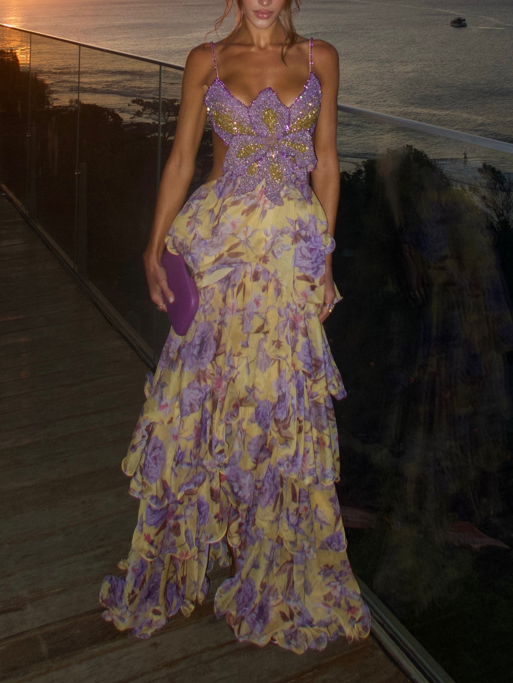 Yellow Purple Floral Tiered Maxi Dress