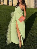 Green One-Shoulder Feather Trim Maxi Dress