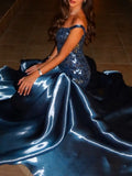 Navy Sequin Off-Shoulder Maxi Dress