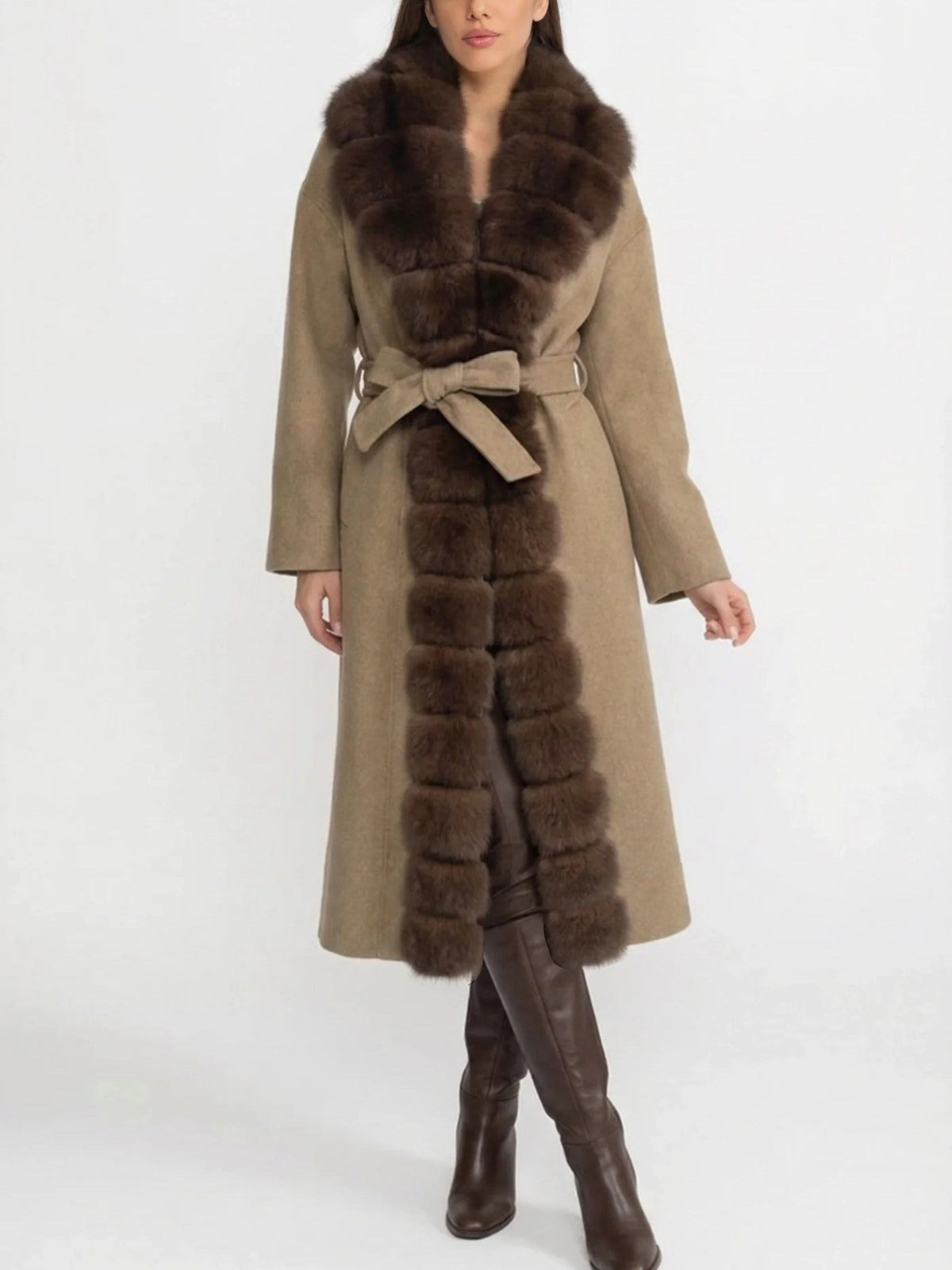 Cream Faux Fur Trim Belted Coat