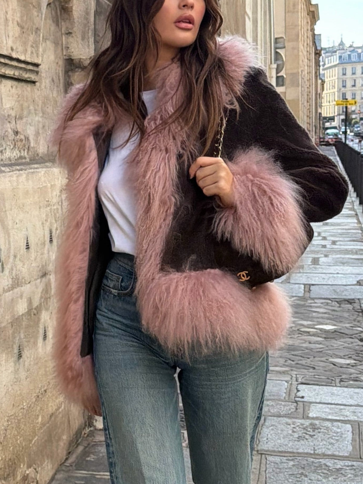 Pink Faux Fur Trim Open Front Jacket
