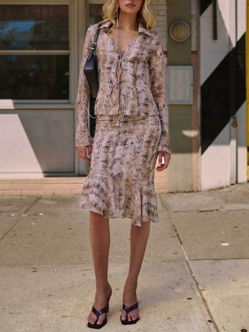 Beige Snake Print Tie-Front Top & Midi Skirt Set