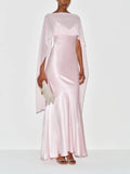Pink Satin Cape Sleeve Maxi Dress