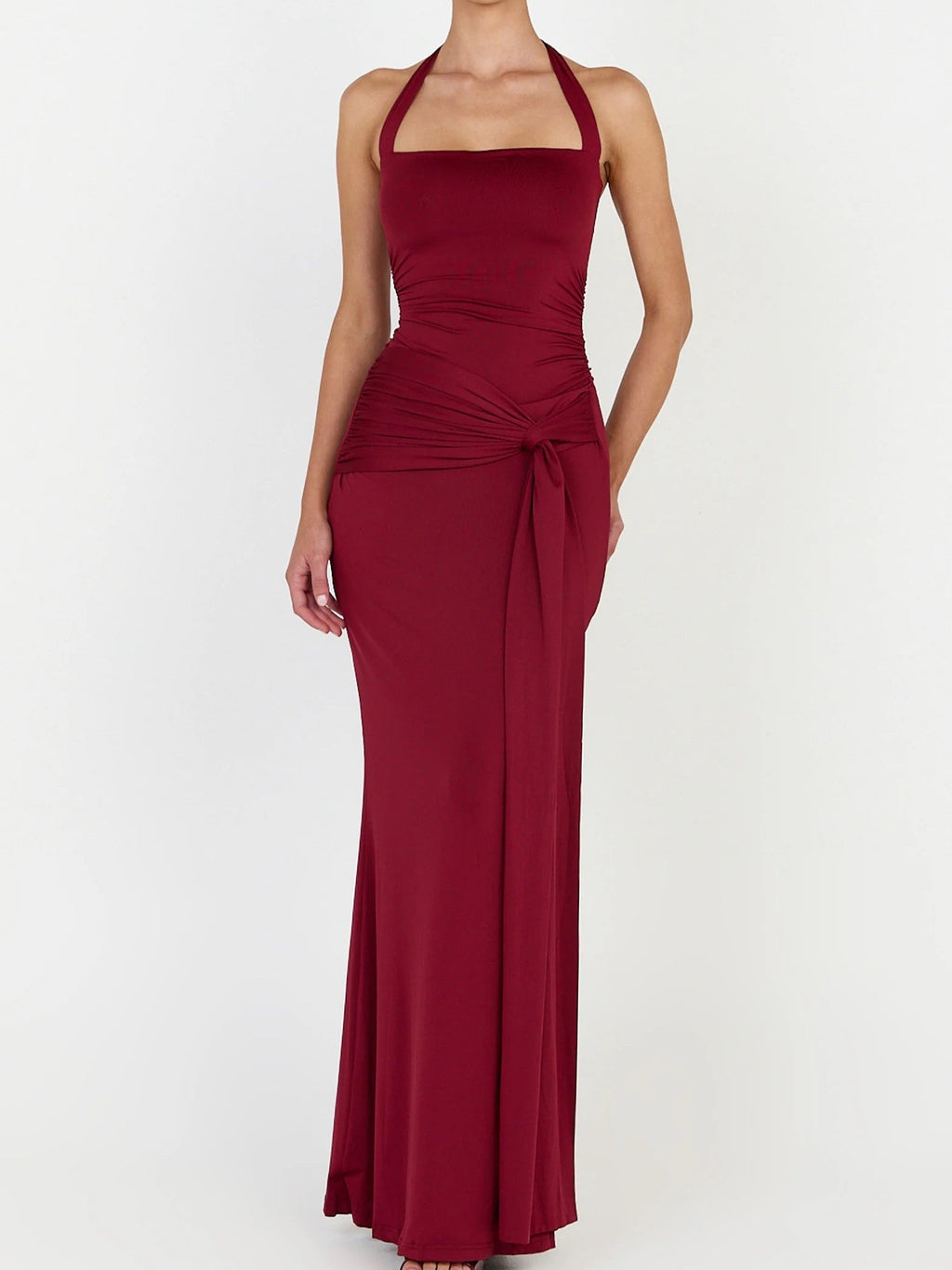 Burgundy Jersey Halter Draped Knot Maxi Dress