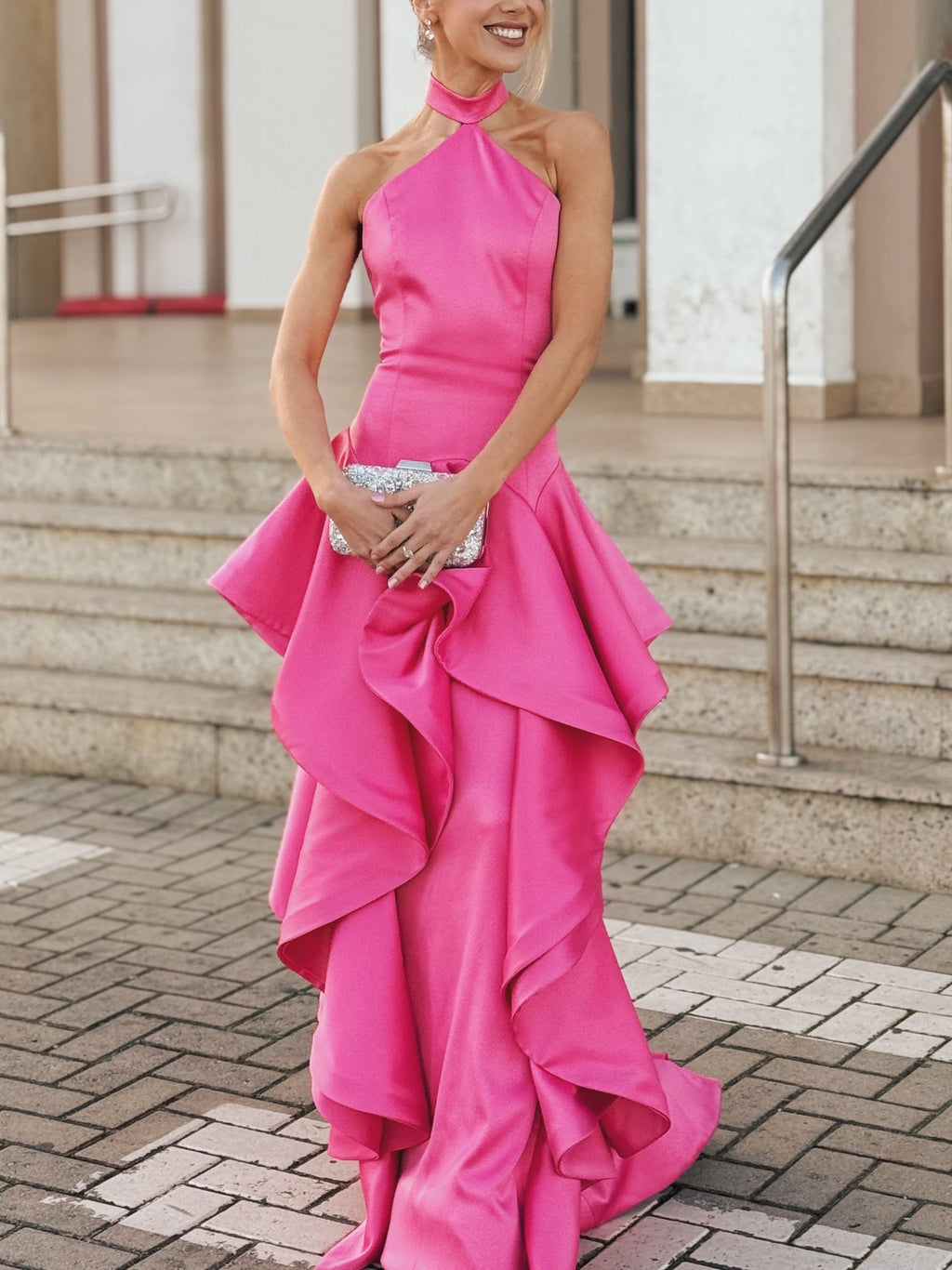 HotPink Satin Halter Ruffle Tiered Maxi Dress